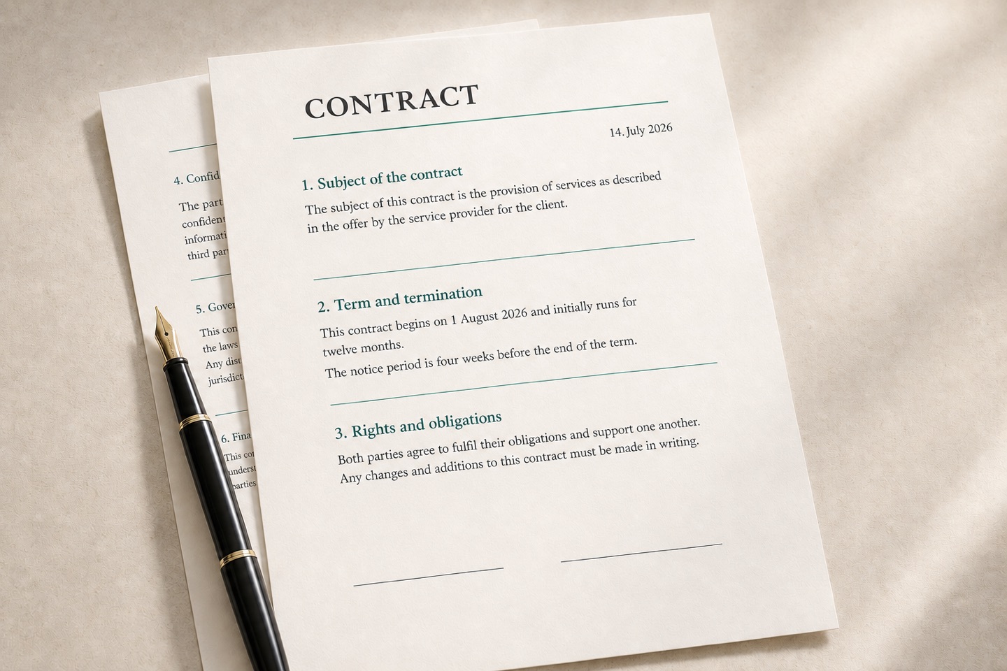 A realistically typeset contract showing its term and notice period beside a fountain pen.
