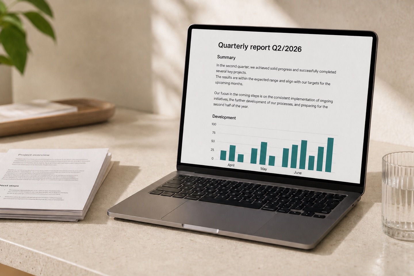 Laptop displaying a realistically typeset PDF report and chart.