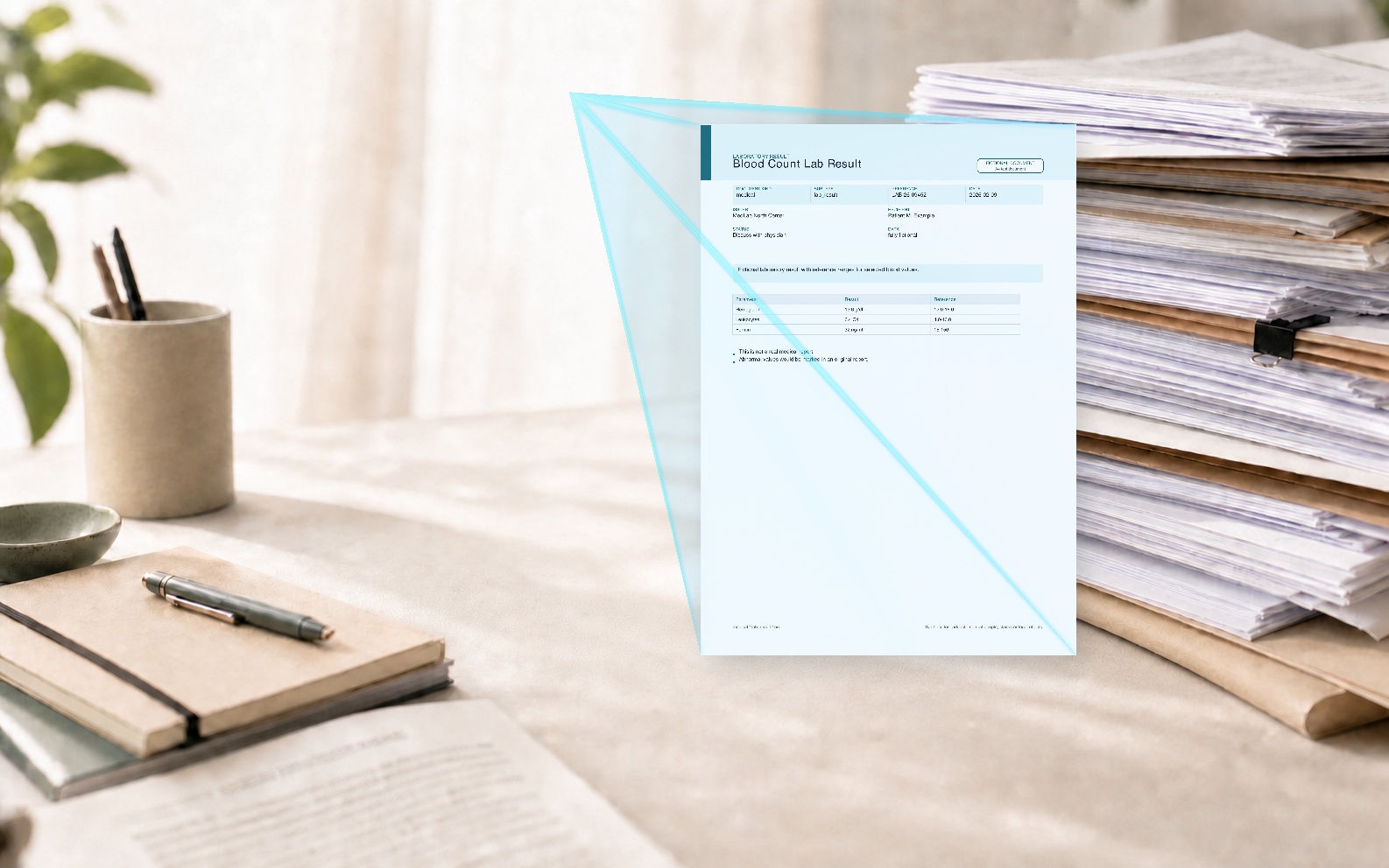 A laboratory report beside a stack of documents, illuminated by blue scanning light.