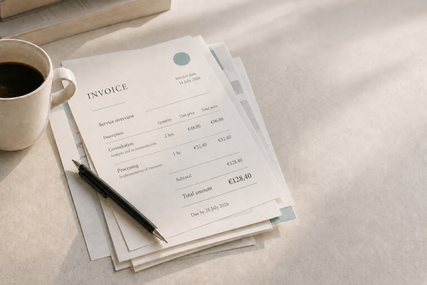 A realistic invoice showing the due date and total amount beside a coffee cup.