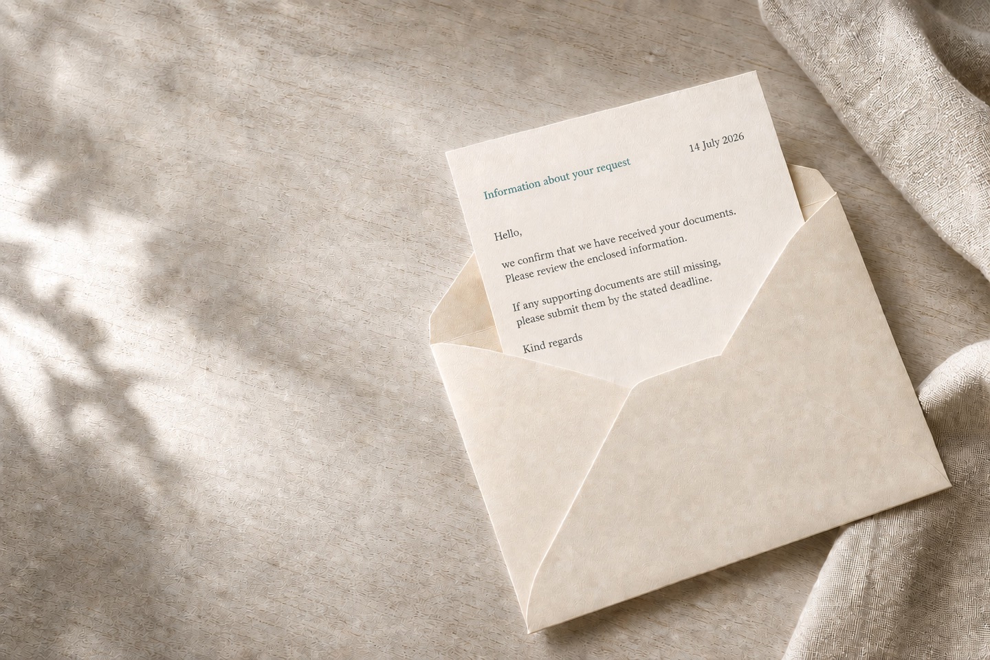 An open letter with realistically typeset text on a light-colored desk.
