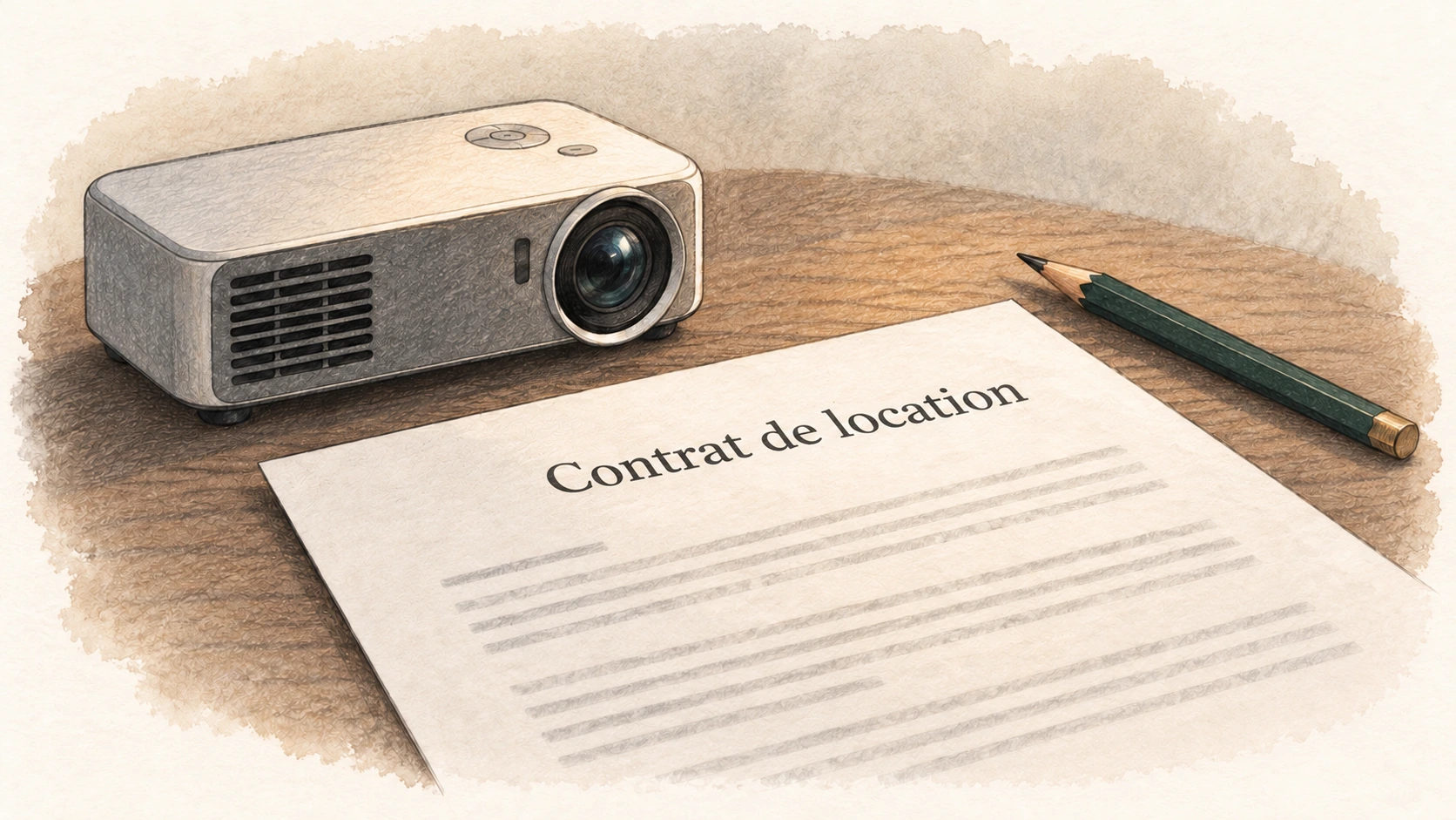 Illustration : un contrat de location avec un vidéoprojecteur en arrière-plan.