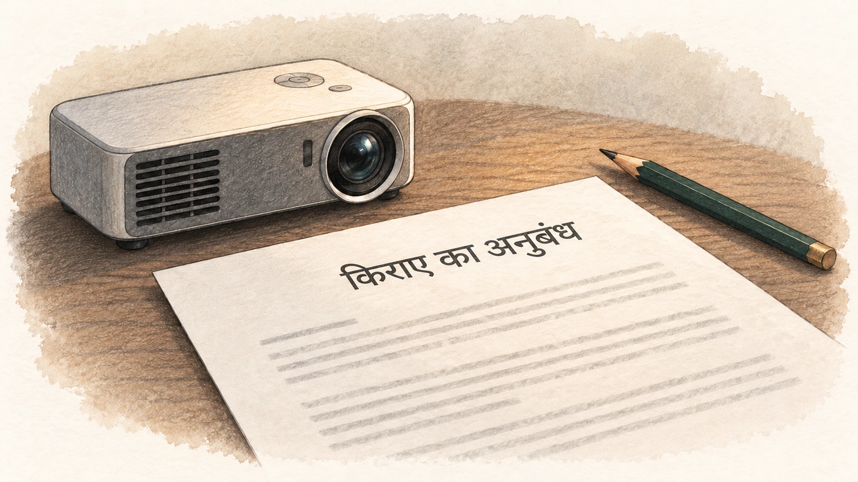 चित्रण: किराये का अनुबंध और पीछे रखा प्रोजेक्टर।
