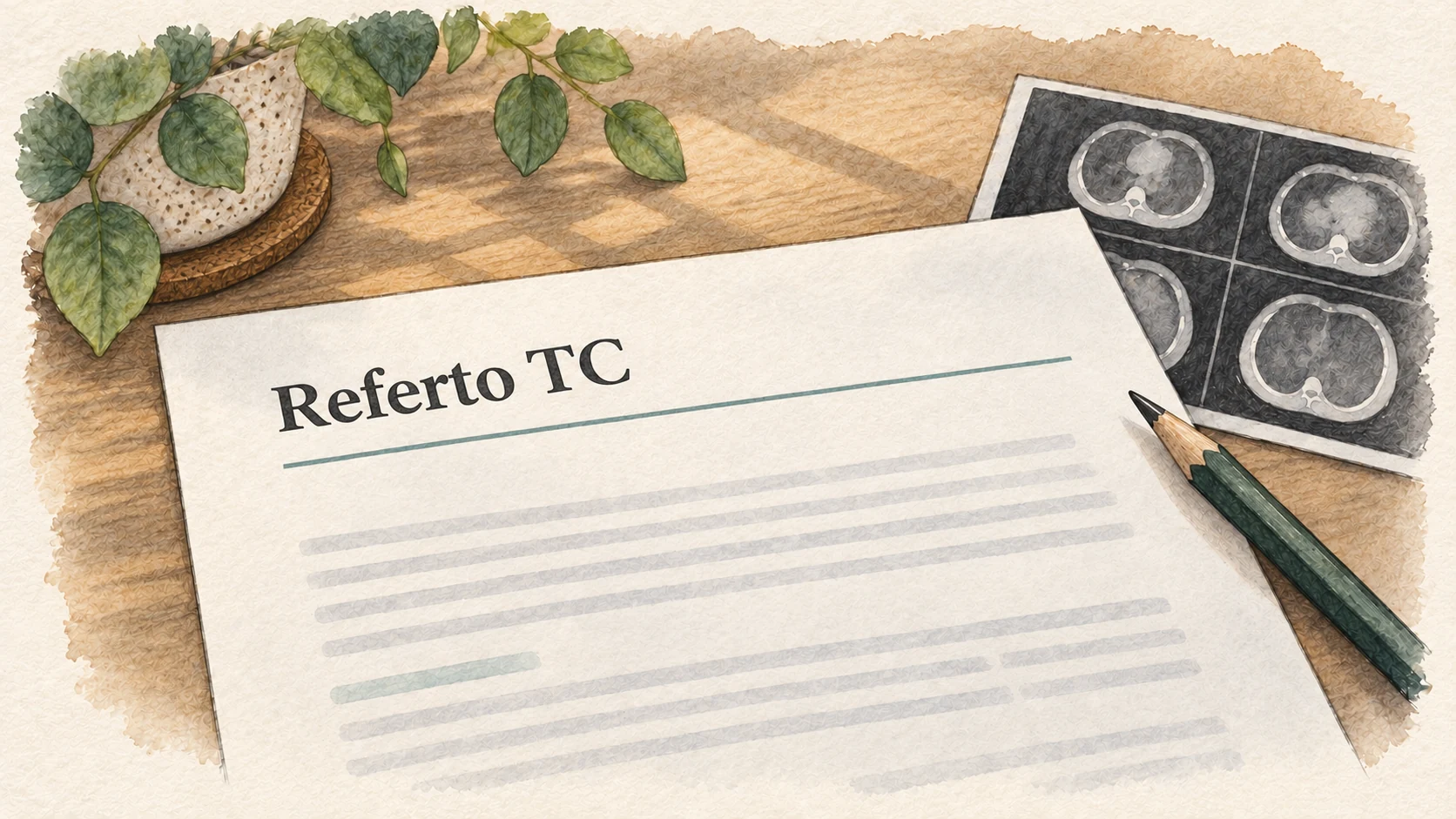Illustrazione editoriale di un referto TC su carta.