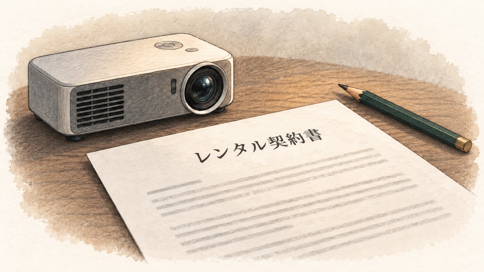 イラスト：背景にプロジェクターが見えるレンタル契約書。