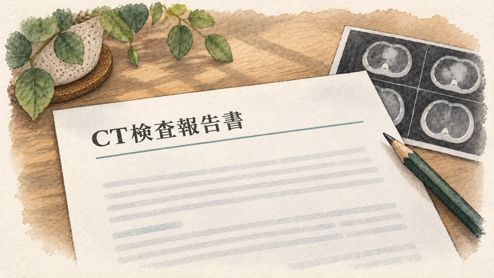 紙のCT検査報告書を描いた記事用イラスト。