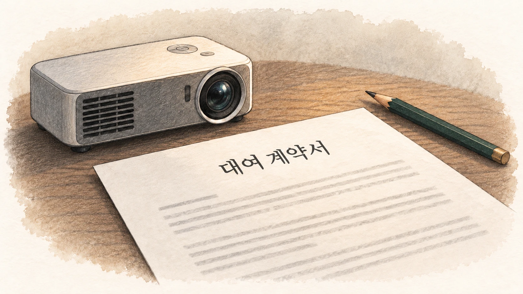 삽화: 프로젝터를 배경으로 놓인 대여 계약서.