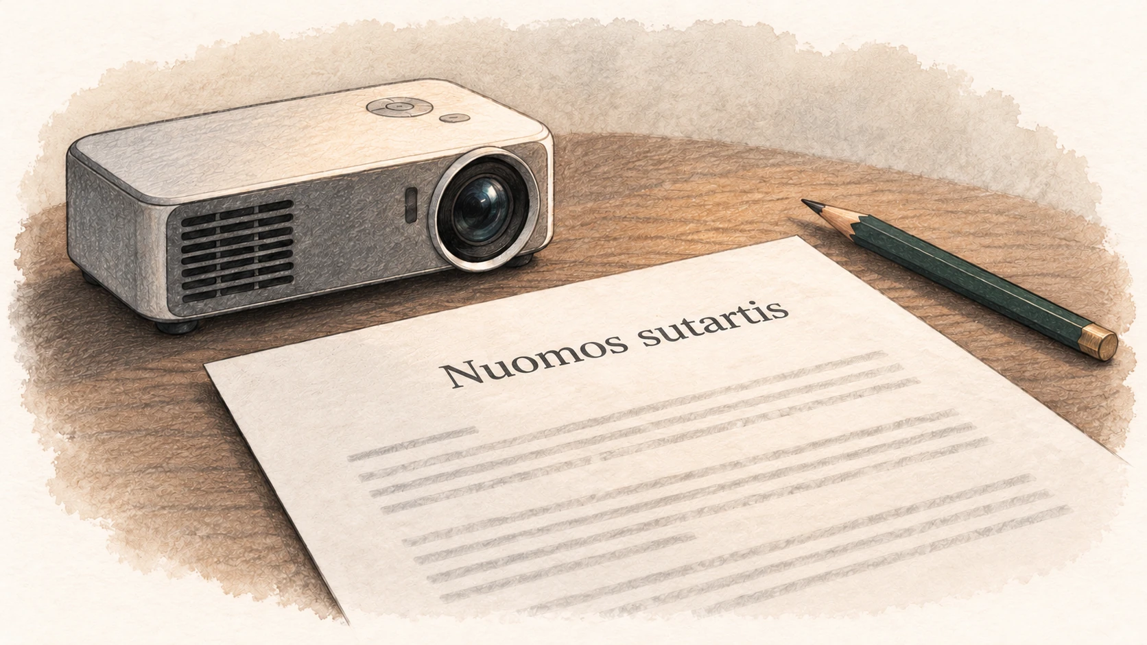 Iliustracija: nuomos sutartis, fone — projektorius.