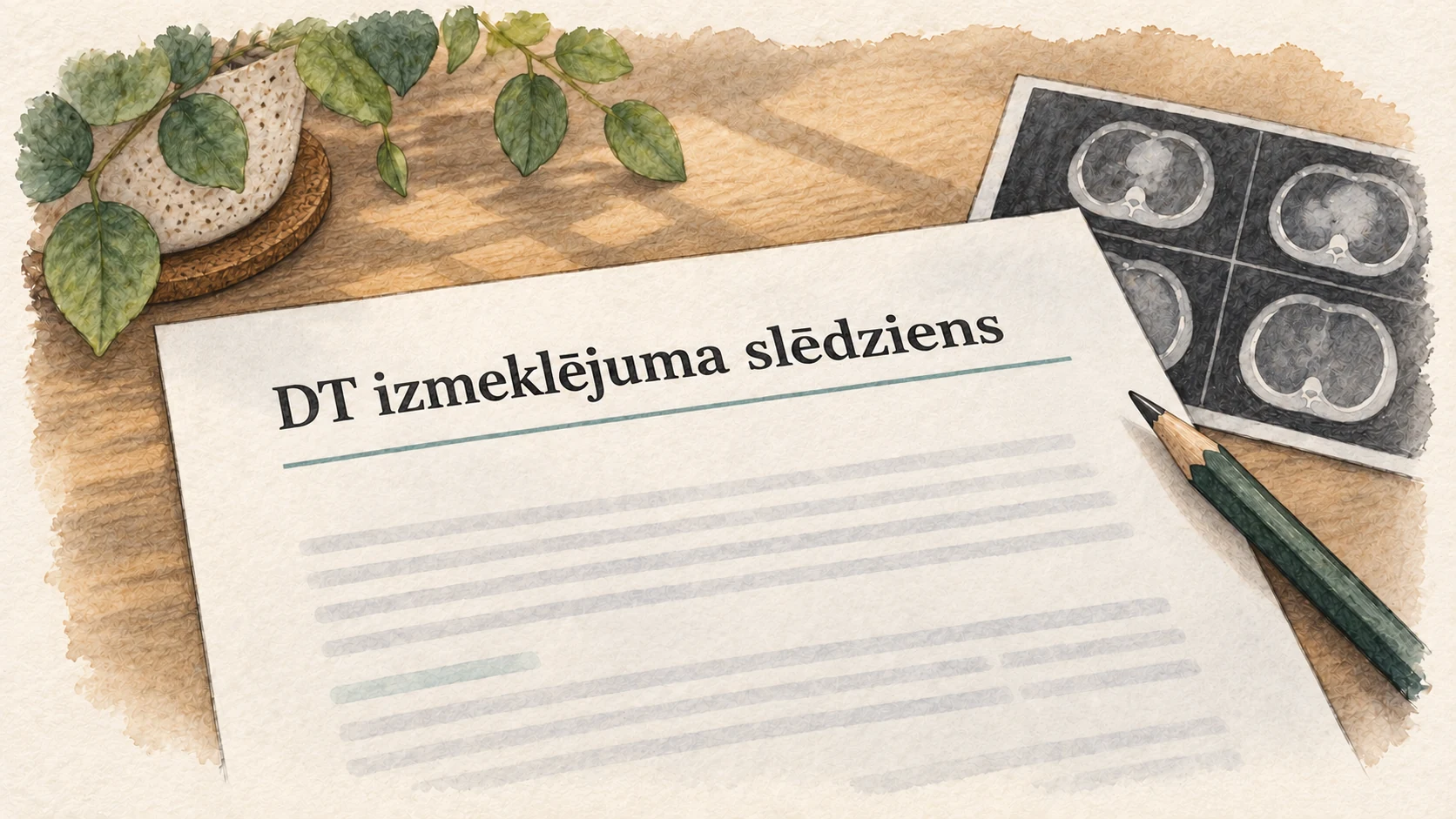 Raksta ilustrācija ar DT izmeklējuma slēdzienu uz papīra.