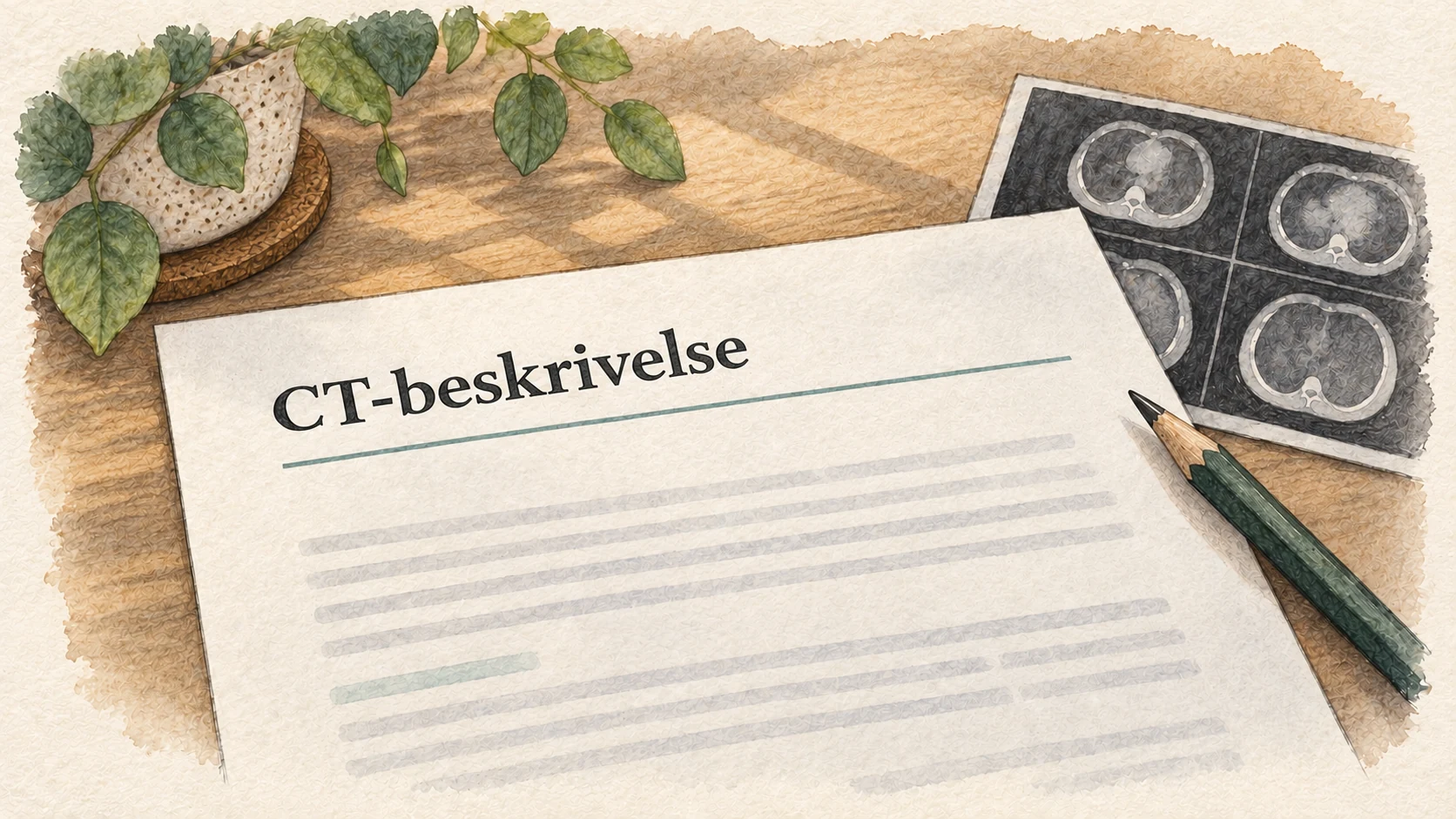 Redaksjonell illustrasjon av en CT-beskrivelse på papir.
