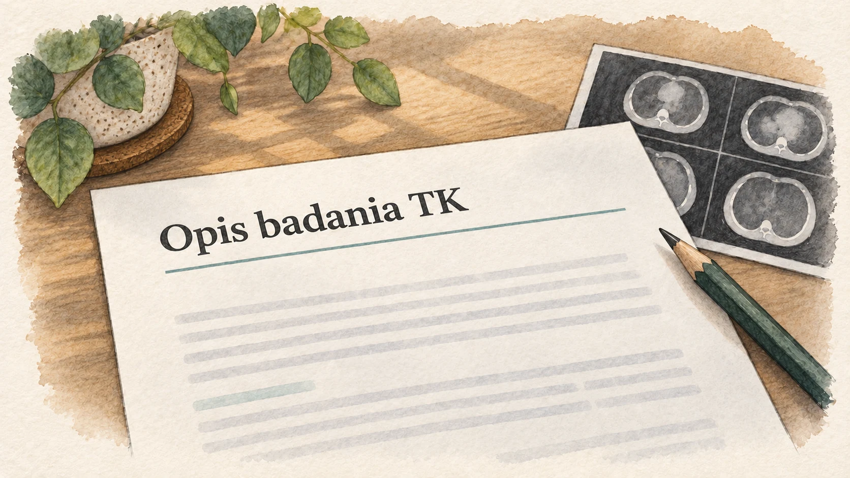 Ilustracja redakcyjna przedstawiająca papierowy opis badania TK.