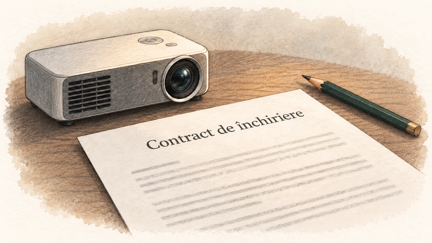 Ilustrație: un contract de închiriere cu un proiector în fundal.