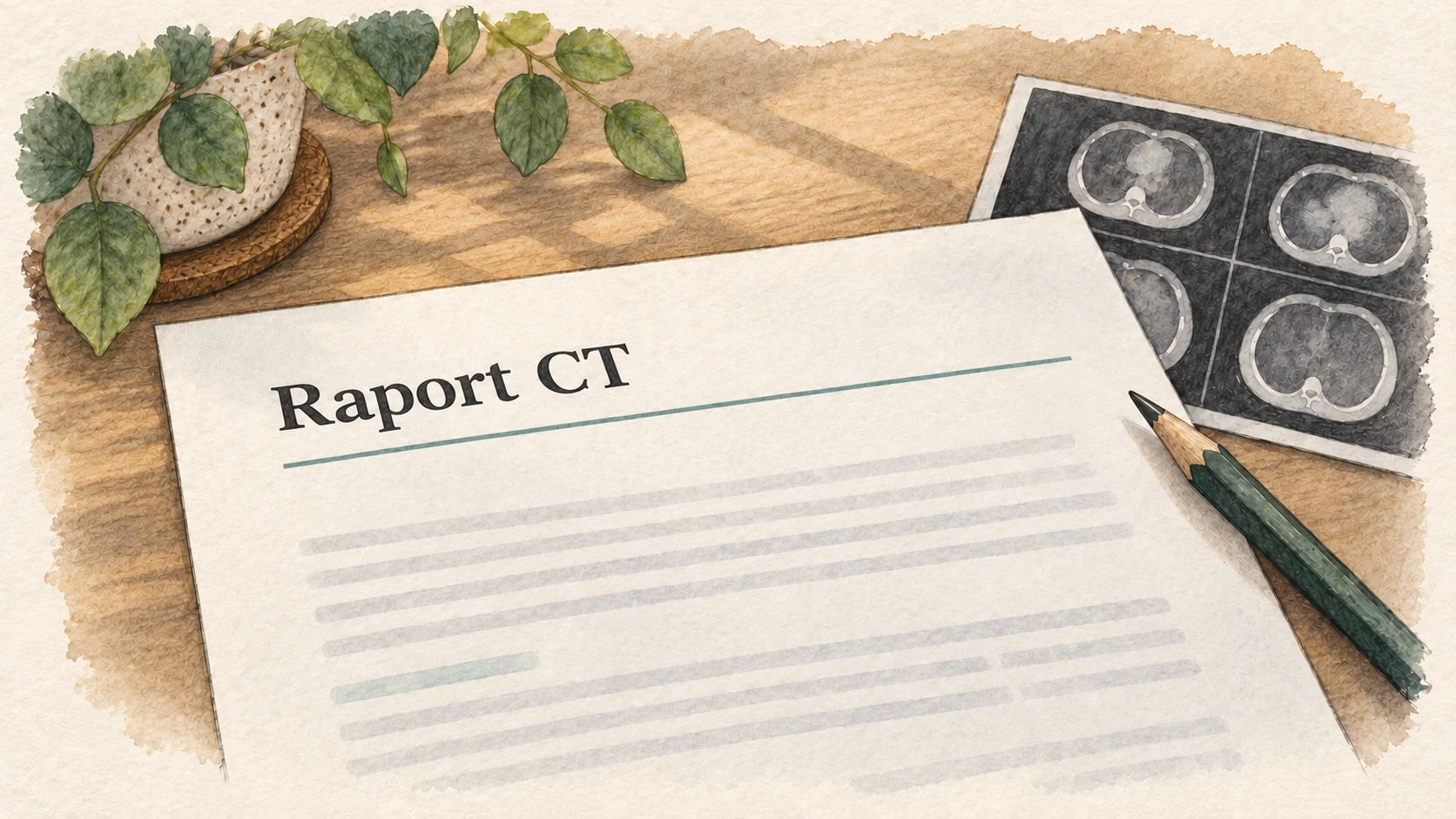 Ilustrație editorială a unui raport CT pe hârtie.