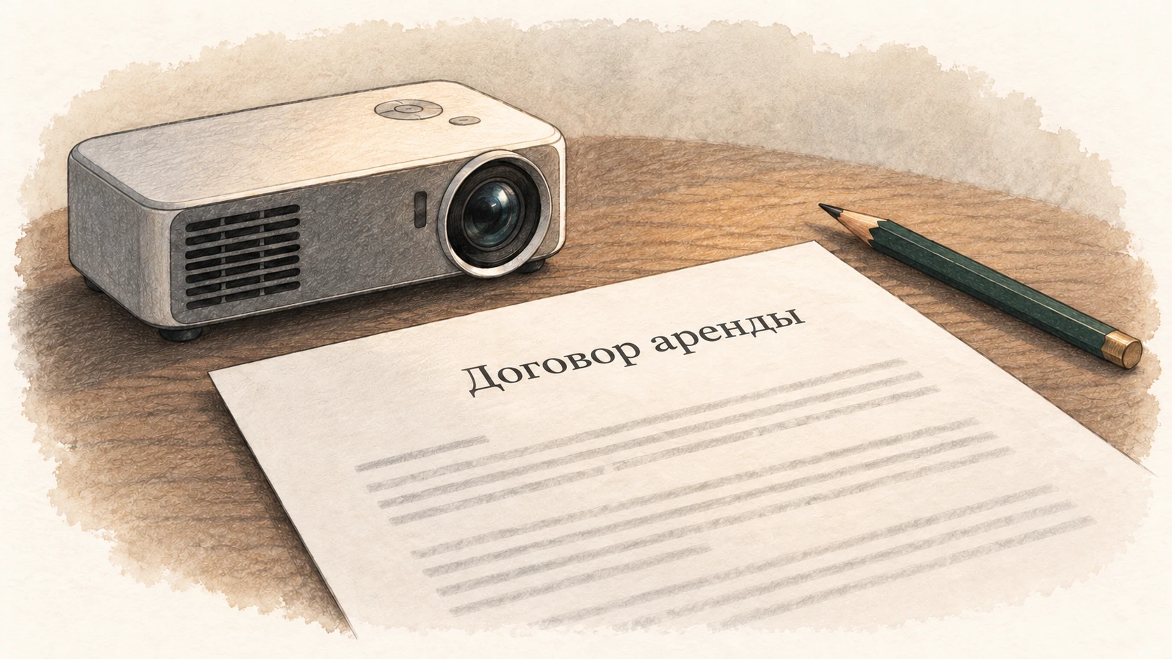 Иллюстрация: договор аренды и проектор на заднем плане.