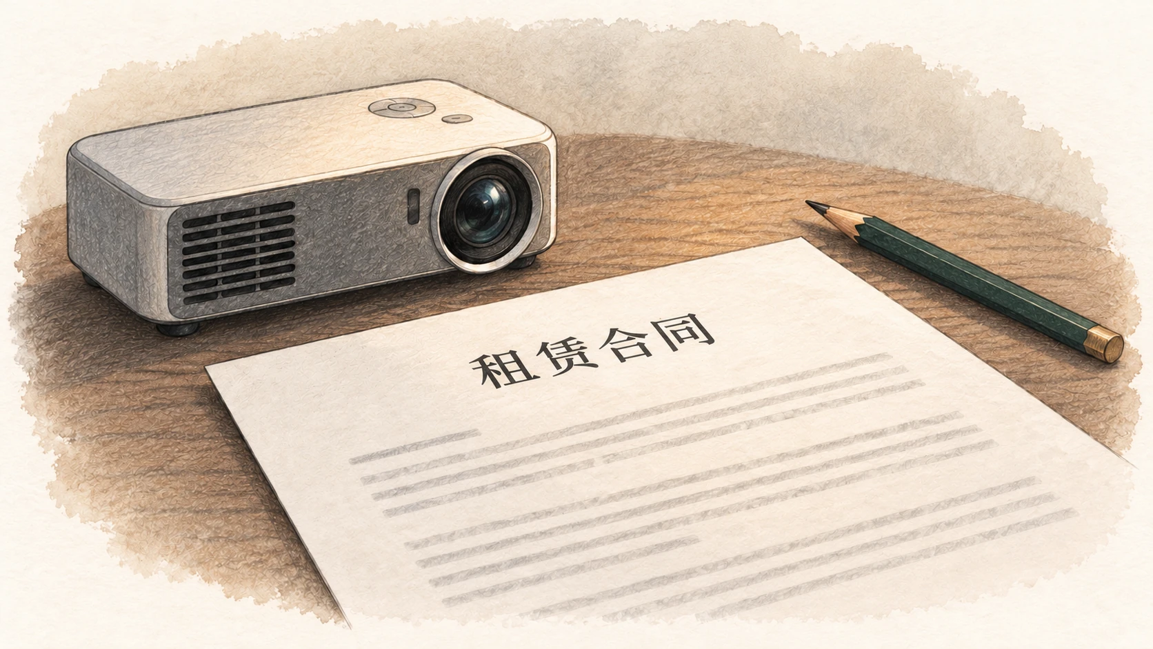 插图：一份租赁合同，背景中有一台投影仪。