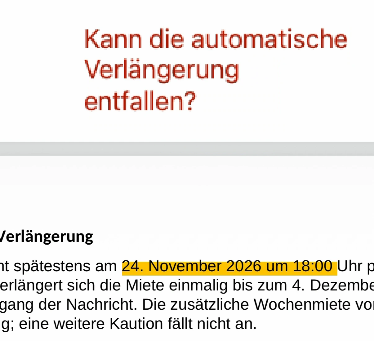 Im PDF-Reader: eigene rote Frage zur automatischen Verlängerung und gelb markierte Widerspruchsfrist