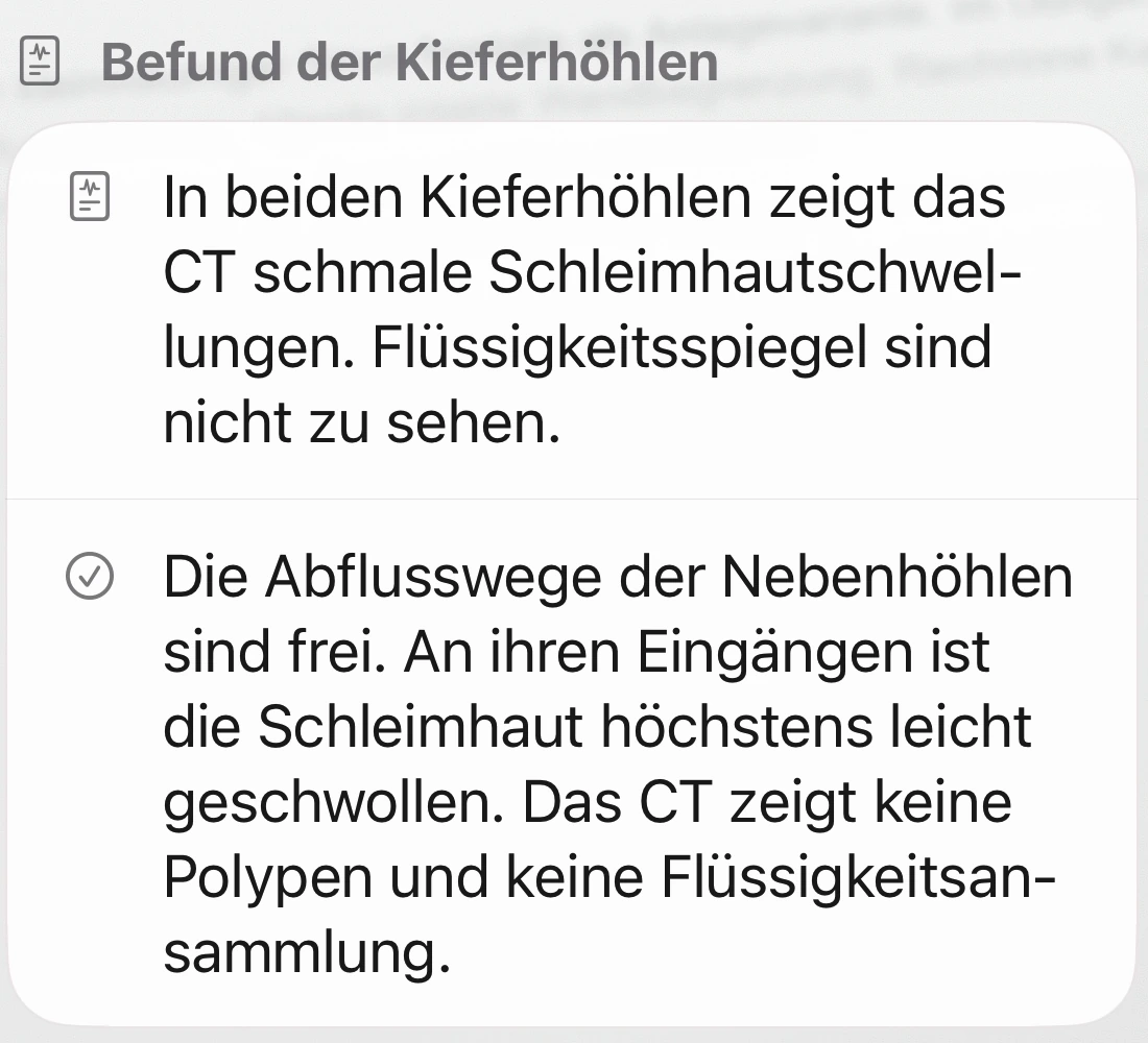 Die App erklärt die Schleimhautschwellungen und die freien Abflusswege im CT-Befund.