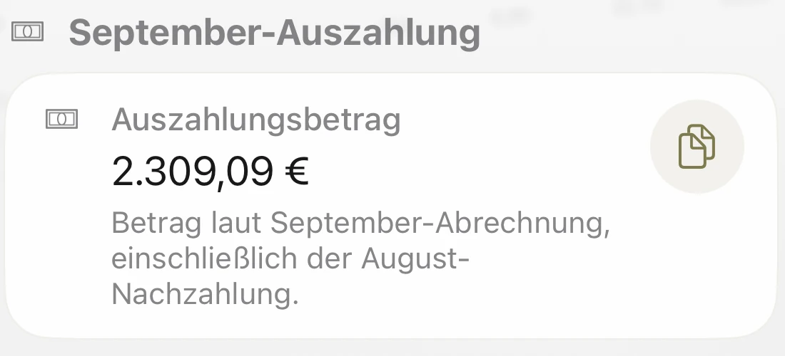 Der Auszahlungsbetrag von 2.309,09 Euro in der Erklärung der September-Abrechnung.