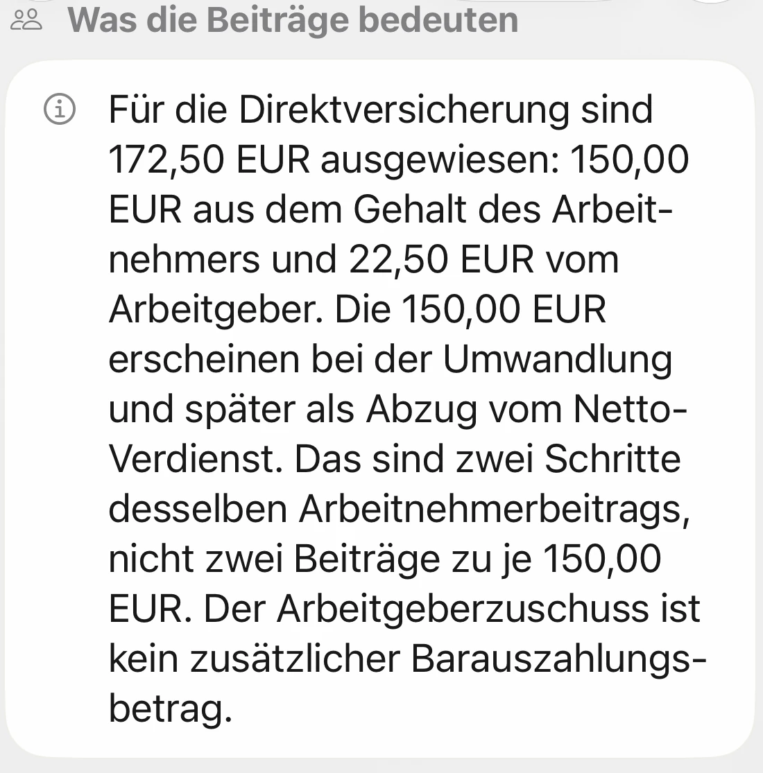 Die Erklärung verbindet 150 Euro Arbeitnehmerbeitrag und 22,50 Euro Arbeitgeberzuschuss zu 172,50 Euro für die Direktversicherung