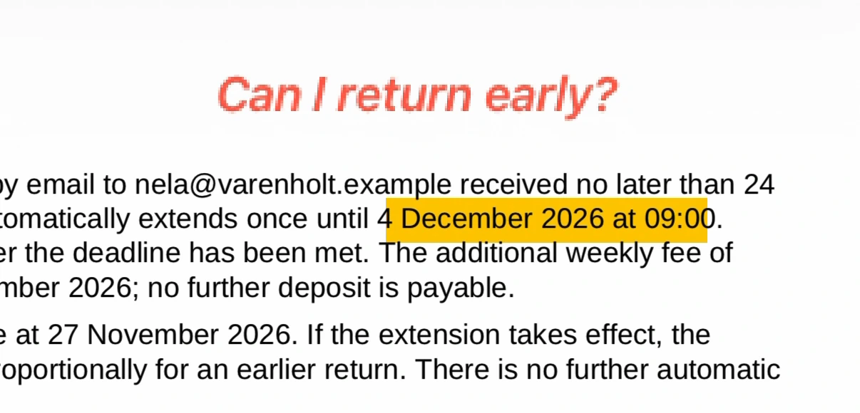La nueva fecha de finalización está resaltada y el usuario ha escrito Can I return early? en rojo