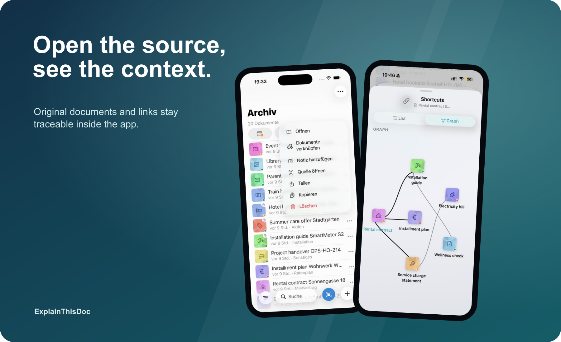 ExplainThisDoc shows a document graph with connected contracts, bills and proof documents.