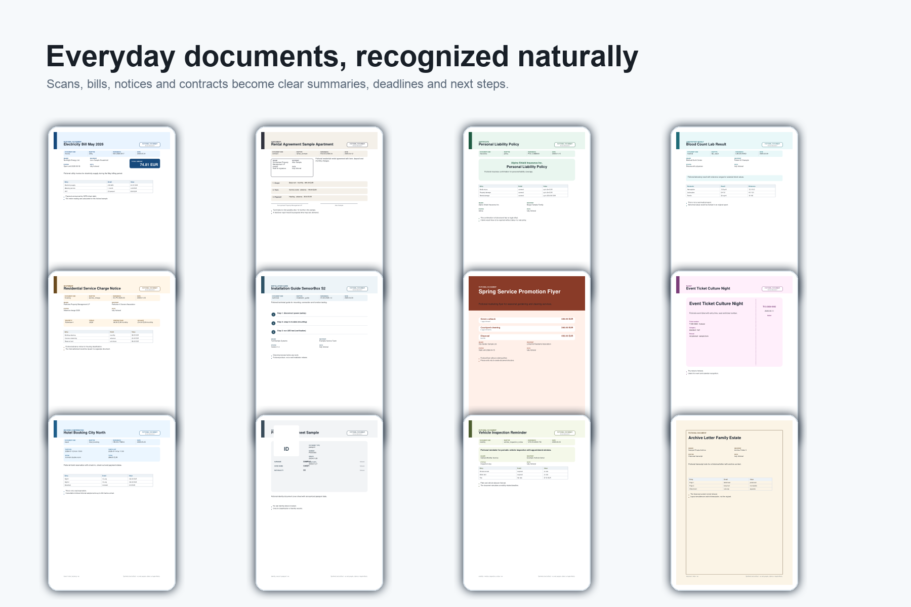 Mosaic of everyday documents such as an electricity bill, contract, lab report and ticket.