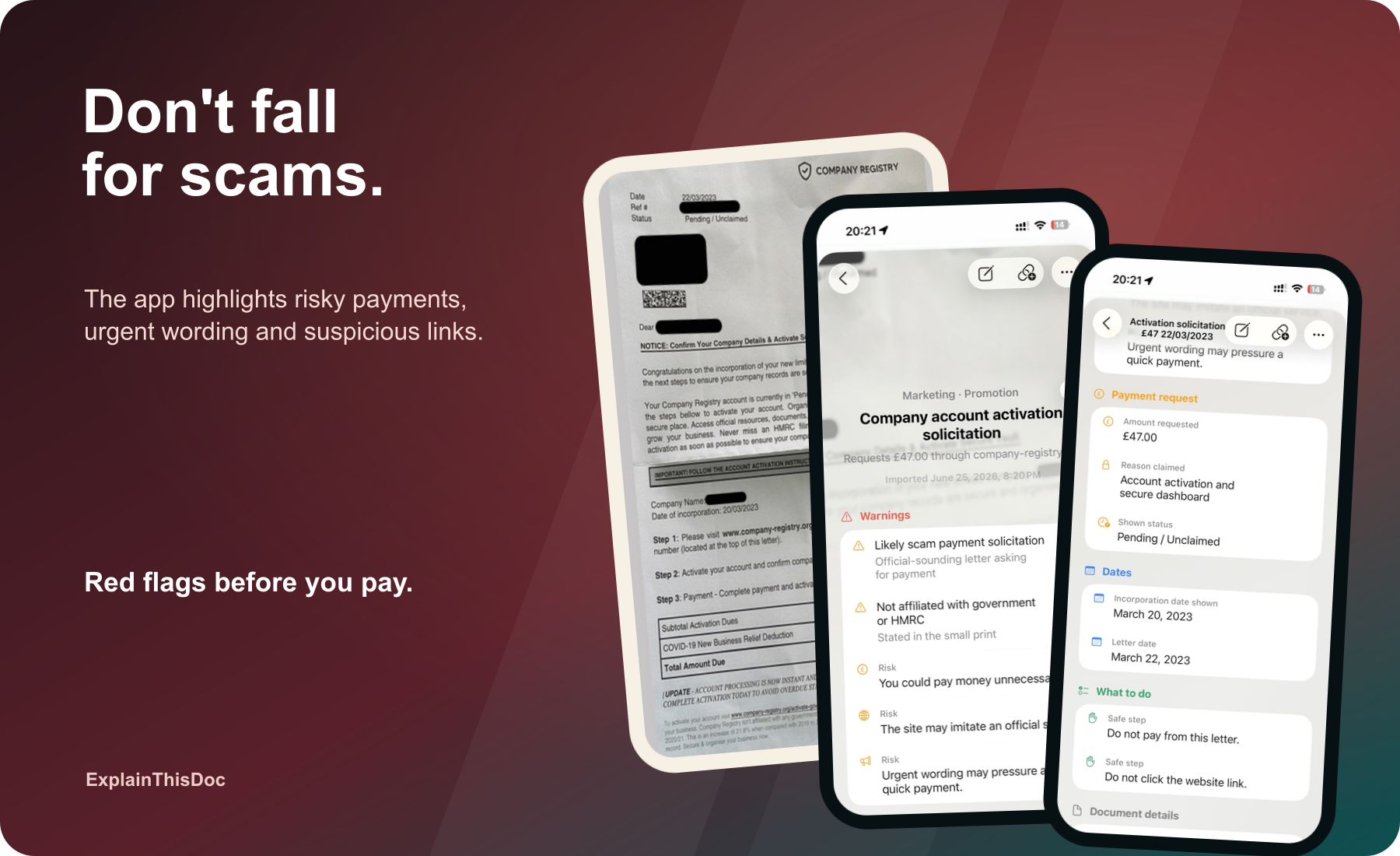Warning for suspicious payment requests and risky links.