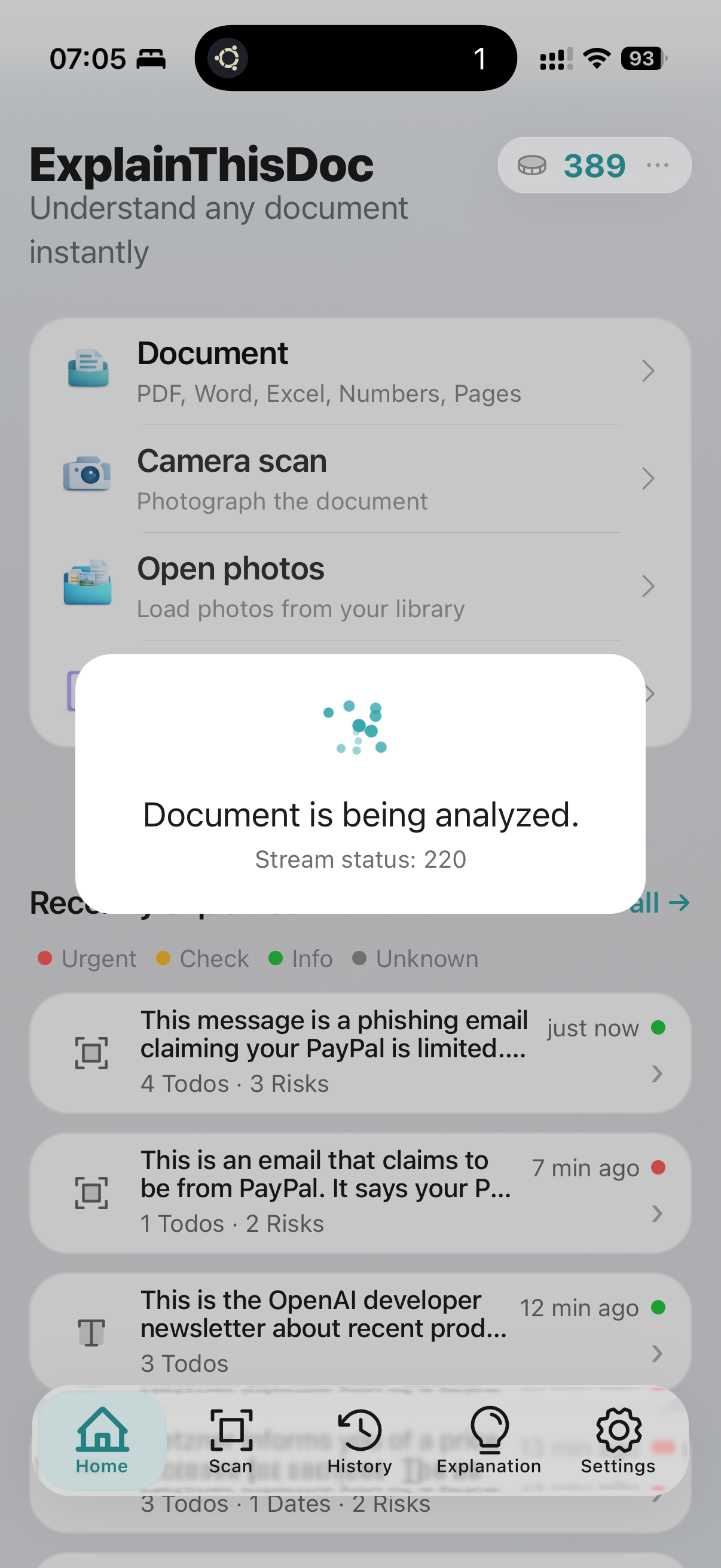 Analysis overlay after extracted text is sent to AI