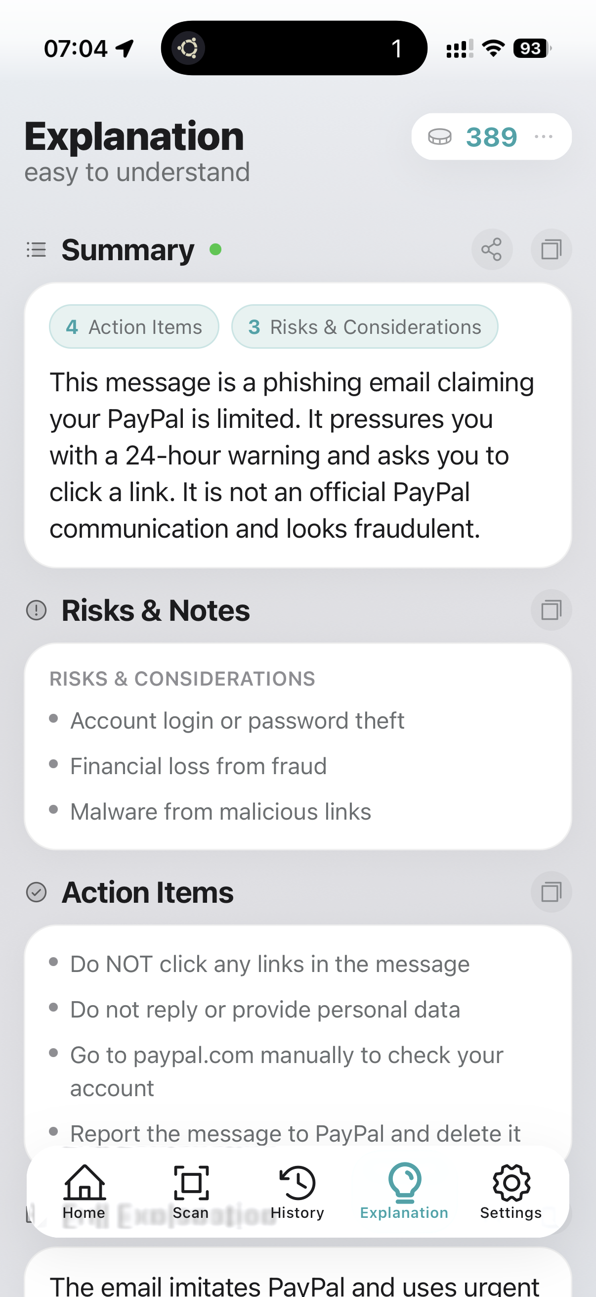 Explanation of a phishing case with clear risk display