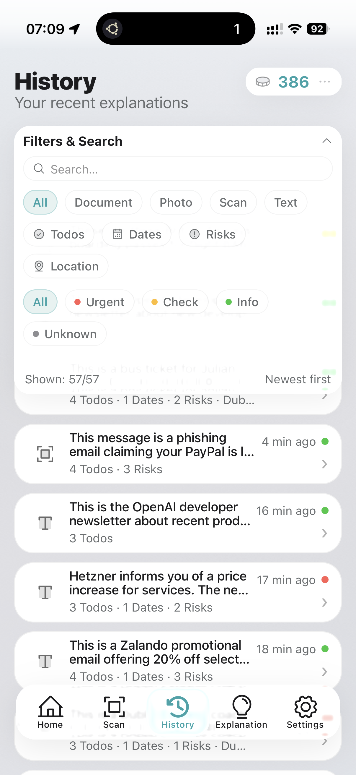 History with expanded filters and search field