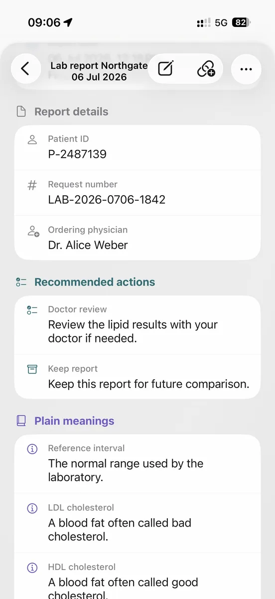 ExplainThisDoc explique les données des patients, les valeurs de référence, les termes et les actions recommandées.