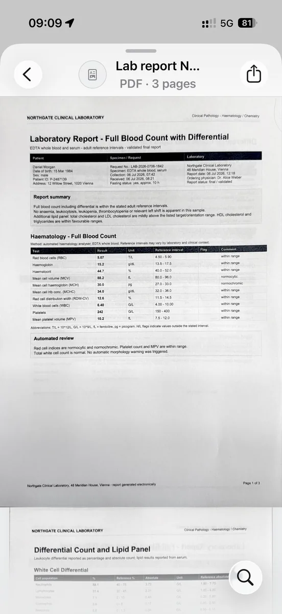 L'analyse originale d'un rapport de laboratoire est affichée dans ExplainThisDoc.