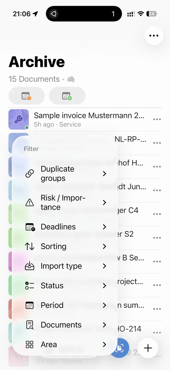 Recherche et filtres puissants dans l'archive ExplainThisDoc pour les risques, les délais, le type d'importation et l'état du document.