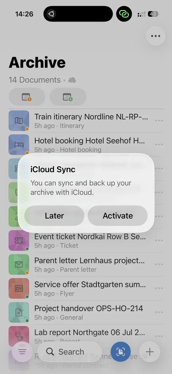 ExplainThisDoc affiche une boîte de dialogue de synchronisation iCloud pour sauvegarder et synchroniser l'archive.